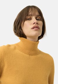 Maglione a collo alto giallo senape realizzato in morbido tessuto lavorato a maglia. Presenta un colletto a coste e un corpo testurizzato, con maniche aderenti e un design minimalista.