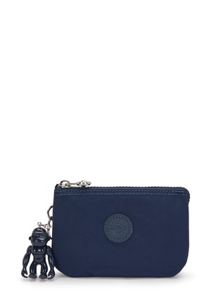 Navy blue nylon pouch with a zipper closure, featuring a round logo and a black monkey charm attached to a silver chain.