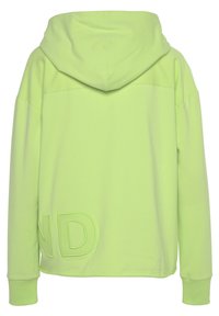Hooded sweatshirt in bright lime green, featuring a simple design, ribbed cuffs, and a raised "ND" embroidered detail on the lower hem.