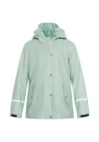 Ljus mintgrön vattentät jacka med huva, tryckknappar, två sidofickor och reflexer på ärmarna. Slät textur.