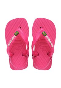 Coppia di ciabatte flip-flop Havaianas per bambini in rosa con suole testurizzate e bandiera brasiliana sulle cinghie, taglia 20.