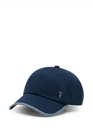 Casquette de baseball bleu marine avec bordure grise sur la visière et un petit logo brodé gris clair sur le panneau avant.