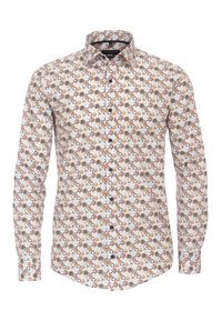 Long-sleeve shirt in light fabric featuring a floral pattern in brown, orange, and blue on a white background, button-down design, standard collar.