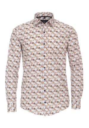 Lange mouwen shirt van licht materiaal met een bloemenpatroon in bruin, oranje en blauw op een witte achtergrond, knoopsluiting, standaard kraag.