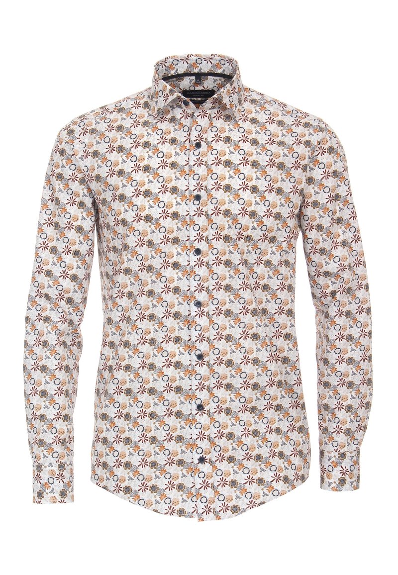 Long-sleeve shirt in light fabric featuring a floral pattern in brown, orange, and blue on a white background, button-down design, standard collar.