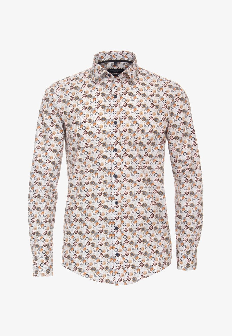 Long-sleeve shirt in light fabric featuring a floral pattern in brown, orange, and blue on a white background, button-down design, standard collar.