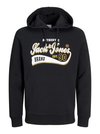 Felpa nera con cappuccio regolabile, caratterizzata da un grande logo stampato in bianco e oro sul davanti, polsini e orlo a coste.