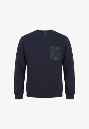 Felpa blu navy a maniche lunghe con scollo rotondo e taschino sulla sinistra con texture denim.