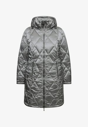 Kurtka pikowana w kolorze szarym z kapturem, z suwakiem z przodu, dwoma bocznymi kieszeniami i gładką, błyszczącą teksturą.