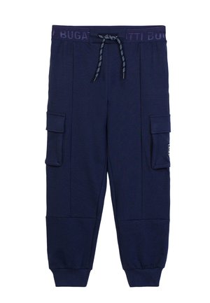 Pantaloni cargo jogger blu navy con polsini elastici, tasche laterali con patta e una cintura con coulisse con un design discreto del nome del marchio.