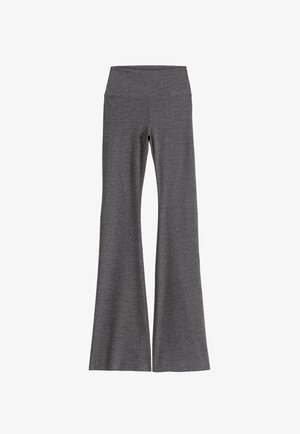 Dunkelgraue, hochgeschnittene Schlaghose aus weichem Strickstoff, flach liegend präsentiert mit weitem Beinabschluss und glattem Bund.