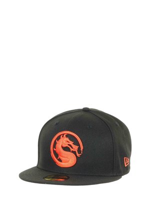 Black cap with a flat brim, featuring a prominent red embroidered dragon logo and circular design on the front. Cotton material, structured fit.