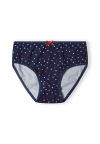 Mutande da donna blu navy con motivo a pois in rosso, rosa e azzurro. Presenta un accento a forma di fiocco rosso in vita. Materiale in cotone.