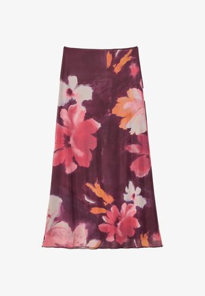 Long skirt with a purple base and large floral pattern in pink, orange, and white shades.