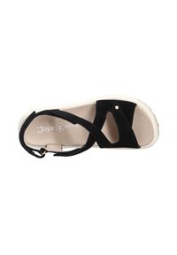 Sandal in suede nero con design a fascia larga, punta rotonda e suola imbottita beige. Presenta cinturino alla caviglia regolabile e un dettaglio hardware discreto.