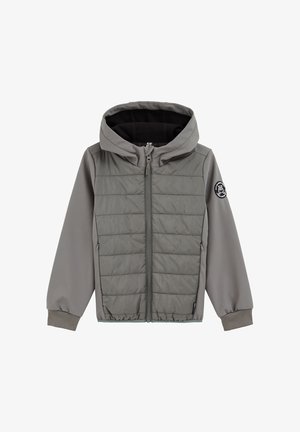 Szara kurtka puchowa z gładką zewnętrzną warstwą i pikowanym przodem. Posiada kaptur, zapięcie na zamek i ściągacze na mankietach. Na rękawie znajduje się naszywka z logo.