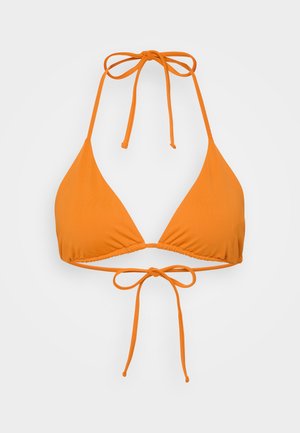 Oranžinė bikini viršutinė dalis su trikampio dizainu, surišama kaklo ir nugaros. Pagaminta iš lygaus audinio, turinčio minimalistišką, be siūlių išvaizdą.