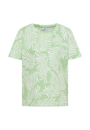 Chemise vert clair à manches courtes avec un motif de feuilles tropicales blanches et un col rond.