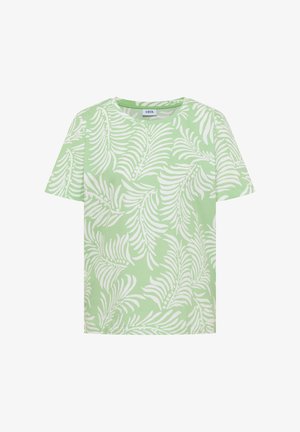 Chemise vert clair à manches courtes avec un motif de feuilles tropicales blanches et un col rond.