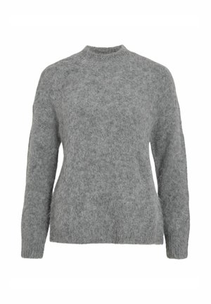 Grå, fluffig tröja gjord av mjukt material med rundad hals, långa ärmar och avslappnad passform. Strukturerad yta med en något fluffig utseende.