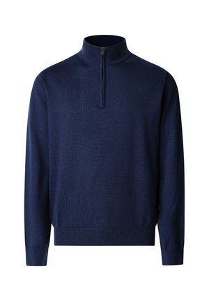 Granatowy sweter z długim rękawem, z żebrowanymi mankietami i dołem, wyposażony w kołnierz z zamkiem na ćwiartkę.