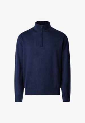 Navyblauer Pullover mit langen Ärmeln, gerippten Bündchen und Saum, mit einem Viertel-Reißverschluss am Kragen.