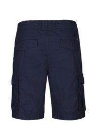 Navy cargo shorts with a relaxed fit, made of lightweight fabric, featuring multiple side pockets and a slightly wrinkled texture.