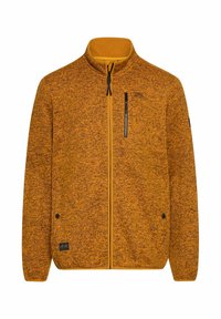 Orange fleecejakke med lynlås foran, høj krave og sort lynlås brystlomme. Tekstureret stof med kontrastkanter.
