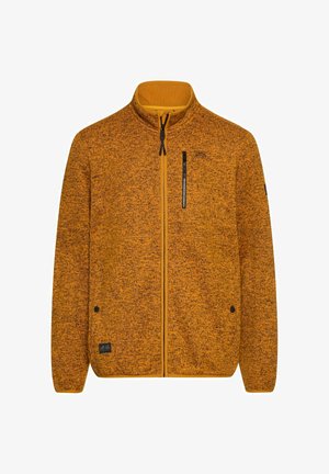 Orange Fleecejacke mit Reißverschluss vorne, hohem Kragen und schwarzer, mit Reißverschluss versehenem Brusttasche. Strukturierter Stoff mit Kontrastbesatz.
