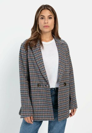 Karierter Blazer in Grau, Pink und Blau, aus strukturiertem Stoff, mit einer doppelt knöpfbaren Gestaltung und zwei Frontknöpfen.