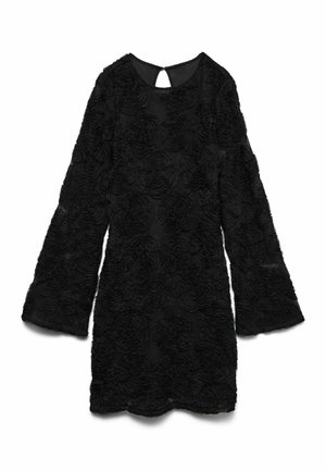 Robe noire à manches longues avec poignets évasés, motif floral texturé et fermeture à bouton avec ouverture en forme de goutte d'eau au niveau de l'encolure arrière.