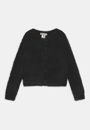 Sort, blød, langærmet cardigan med rund halsudskæring og knaplukning, lagt fladt på en hvid baggrund.