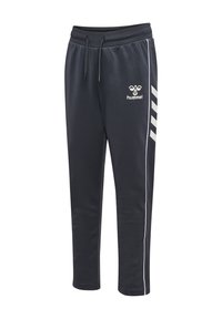 Zwarte sportieve broek van zacht materiaal met een tailleband met trekkoord, voorzien van witte zijstrepen en een Hummel-logo op de bovenste linkerkant van het been.