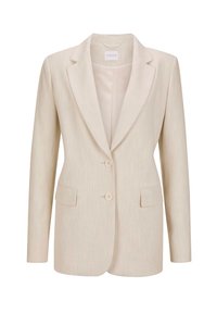 Beige blazer met een gestructureerde afwerking, twee vo pockets en twee knopen. Heeft notch-lapels en een getailleerde pasvorm.