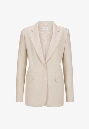 Beige blazer met een gestructureerde afwerking, twee vo pockets en twee knopen. Heeft notch-lapels en een getailleerde pasvorm.