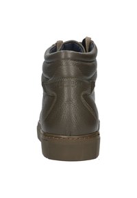 High-top sneaker in textured olive green leather, featuring a padded collar and contrast stitching on a rubber sole. Back logo detail visible.