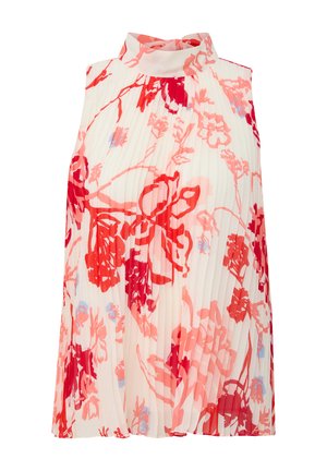 Ärmelloses Oberteil mit hohem Kragen, aus plissiertem Stoff, mit floralen Mustern in Rot und Pink auf einem hellen cremefarbenen Hintergrund. Weiches und leichtes Material.