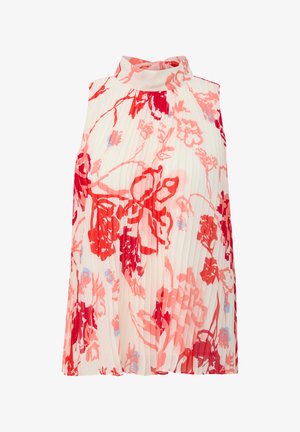Sleeveless top with a high neck, featuring pleated fabric, floral patterns in red and pink on a light cream background. Soft and lightweight material.