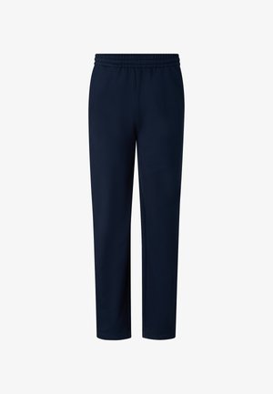 Marineblå bukser med lige ben og elastik i taljen, uden synlige lommer, glat stof, designet til afslappet eller atletisk brug.