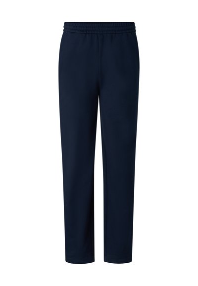 Granatowe spodnie o prostych nogawkach z elastycznym pasem, bez widocznych kieszeni, z gładkiego materiału, zaprojektowane do użytku codziennego lub sportowego.
