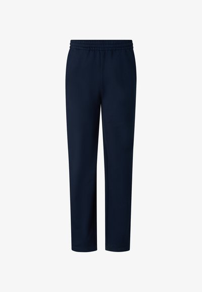 Granatowe spodnie o prostych nogawkach z elastycznym pasem, bez widocznych kieszeni, z gładkiego materiału, zaprojektowane do użytku codziennego lub sportowego.