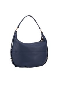 Marineblauwe leren schoudertas met een ronde vorm, ritssluiting en accenten in goudkleurig metaal. Voorzien van een brede schouderband.