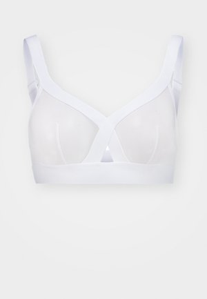 Witte bh van een gladde, semi-transparante stof. Heeft een X-vormig ontwerp aan de voorkant, verstelbare bandjes en een stevige band eronder.