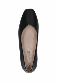 Black leather flat shoe with a square toe, smooth texture, and a cutout design at the upper. Features a light beige insole. Brand logo inside.