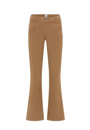 Pantaloni in corduroy marroni con tasche a toppa frontali, passanti per cintura, chiusura con bottone e leggero svaso all'orlo.