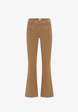 Pantaloni in corduroy marroni con tasche a toppa frontali, passanti per cintura, chiusura con bottone e leggero svaso all'orlo.