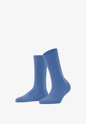 Pair of plain blue crew-length socks displayed side by side on white background, one slightly tilted forward.
