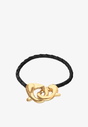 Bracelet en cuir tressé noir avec une fermeture à nœud torsadé de couleur or, surface polie et bords arrondis.