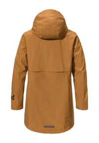 Braune wasserfeste Jacke mit Kapuze, ausgestattet mit geradem Schnitt, glatter Textur und Rückenbelüftung. Beinhaltet verstellbare Bündchen und ein Logo-Patch.