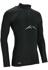 Zwart sportshirt met lange mouwen van ribmateriaal, met een half-rits kraag en een witte berglogo op de borst.